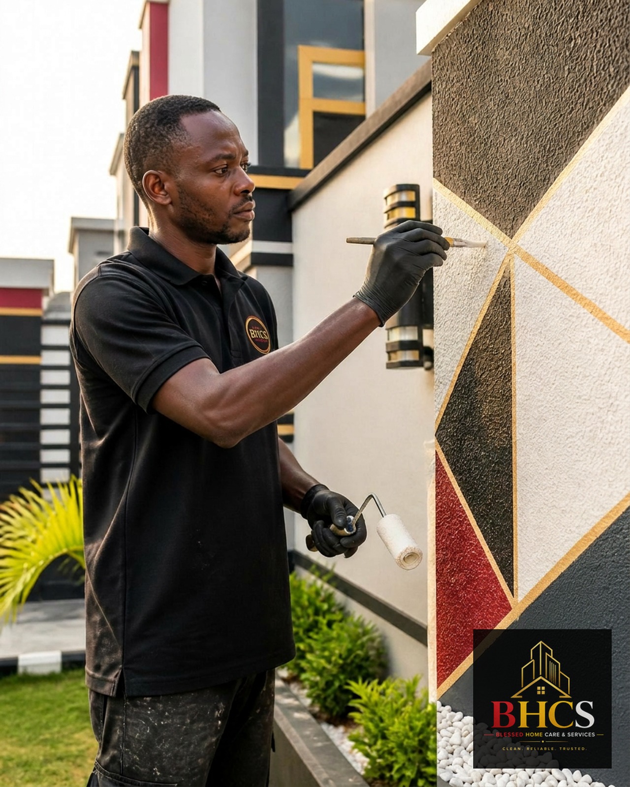 BHCS painter applying a decorative wall design on a modern Accra home